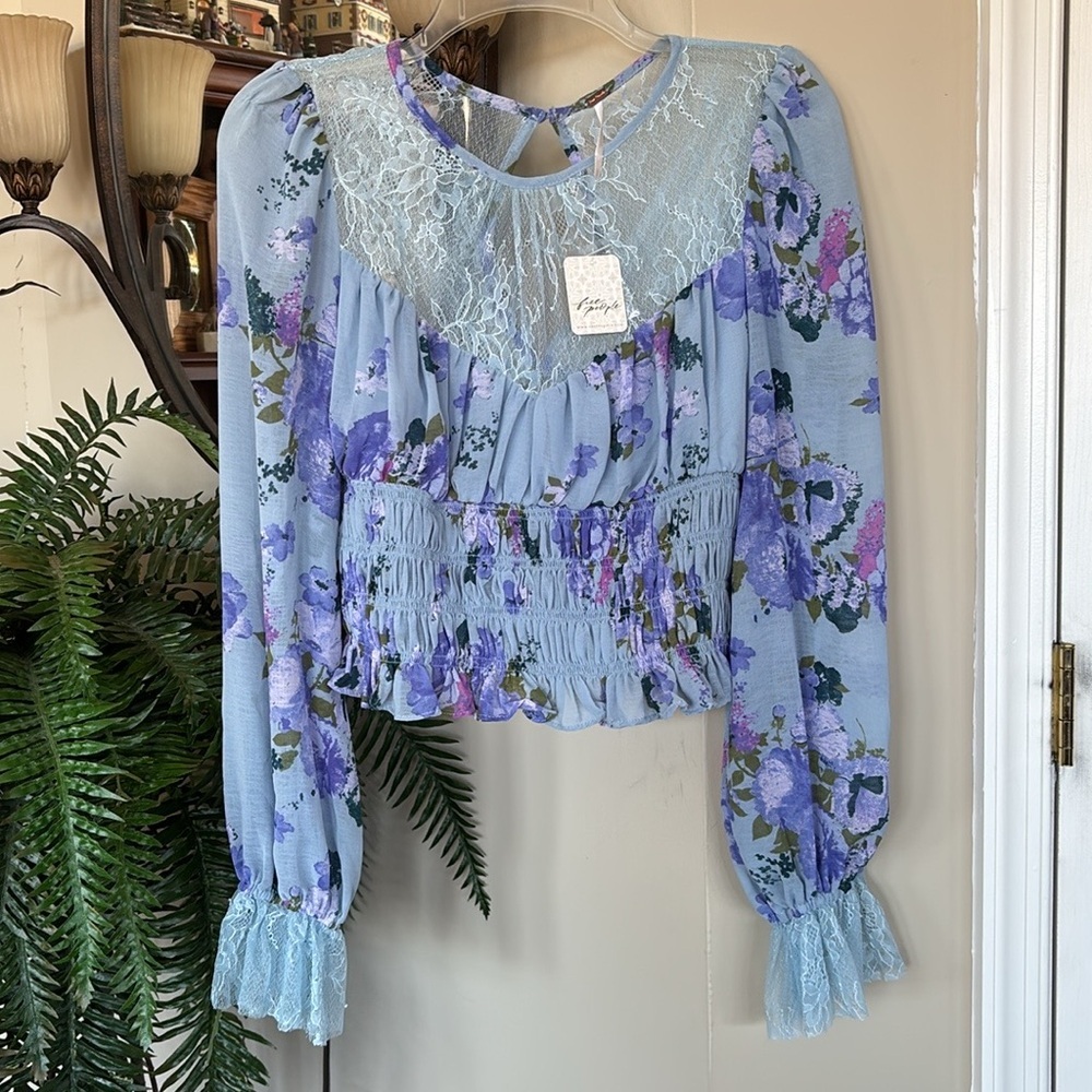 Free People Blue Floral Lace Blouse - Picture 14 of 14
